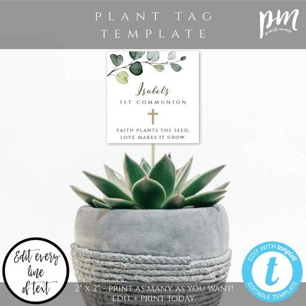 1st Communion Faith Plants the Seed Love Makes it Grow Favor Tag, Succulent Favor Tags, Editable Template Printable Cactus or Plant Tag BAP8