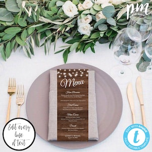 Rustieke bruiloft menu met string lights sjabloon, afdrukbaar menu instant download, bewerkbare menukaart, thee lengte menu, schuur hout menu, WBRL4