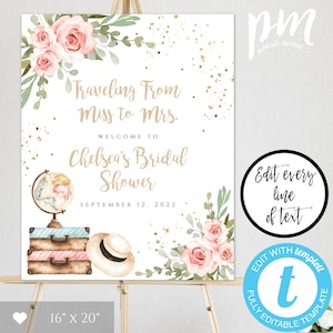 Traveling from Miss to Mrs Welcome Sign Template, Pink Floral Bridal Shower, Printable Travel Shower Decor, Editable Suitcase Sign, TBSP