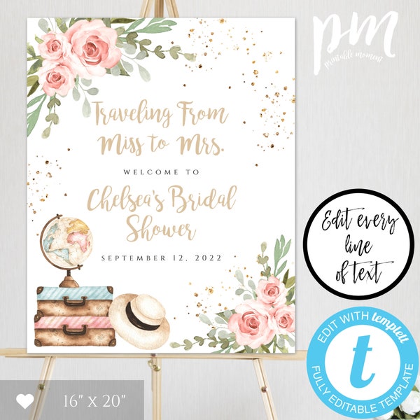 Traveling from Miss to Mrs Welcome Sign Template, Pink Floral Bridal Shower, Printable Travel Shower Decor, Editable Suitcase Sign, TBSP