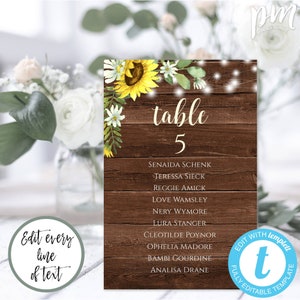 Sunflower Seating Chart Template, Rustic Wedding Table Cards, Barn Wedding Table Numbers, Printable Country Wedding Seating Plan, WBSF