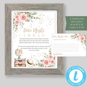 Traveling From Miss to Mrs Date Night Ideas Wedding Shower Game Template, Pink Floral Bridal Shower Activity, DIY Editable Sign + Card, TBSP