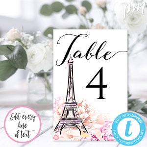 Plantilla de números de mesa de PARIS, número de mesa de la Torre Eiffel, tarjetas de números de mesa imprimibles 4x6 florales rosas, plantilla de tema francés editable, BSPP