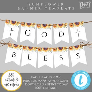 Sunflower God Bless Banner Template, Bunting Flag Banner for Baptism, Baptism Decor, Girl Baptism Decor, Rustic DIY Banner, BAP12