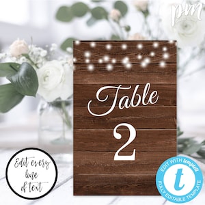 Rustic Table Number TEMPLATE, Rustic String Lights Wedding Table Number Set, Edit + Print Yourself, Instant Download, Editable PDF, WBRL4