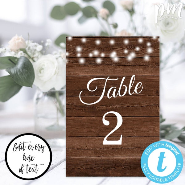 Rustic Table Number TEMPLATE, Rustic String Lights Wedding Table Number Set, Edit + Print Yourself, Instant Download, Editable PDF, WBRL4