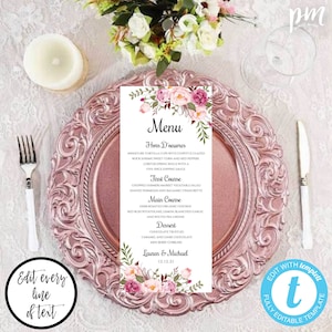 Bridal Shower Menu Template, Menu Cards for Wedding Menu Cards for Birthday, Pink Menu Card, Birthday Menu Template, Editable Printable WSBH