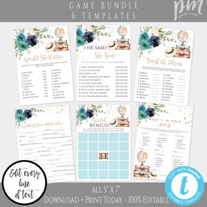 Travel Bridal Shower Game Template Set, Traveling from Miss to Mrs, Editable Blue Floral Games, Printable Travel Games, Map + Suitcase TB