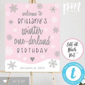 Winter One-derland Birthday Welcome Sign Template, Pink and Silver Glitter Welcome Poster for First Birthday Door Sign Baby Shower Decor WOP