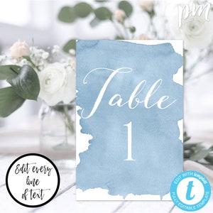 Dusty Blue Table Number Template for Wedding, Editable Light Blue Watercolor Number Card, Printable Wedding Table Decor, Seating Card, WBDB