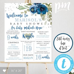 Plantilla de tablero de estadísticas de embarazo floral azul, cartel de recuerdo del embarazo, tablero de hitos del embarazo, regalo de embarazo, signo de baby shower, BFG