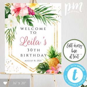 Tropical Birthday Welcome Sign Template 16 x 20, Pineapple Welcome Poster for Girl Birthday Party, Editable Hawaiian Poster, Printable Sign