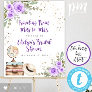 Puede incluir: Un cartel imprimible para una despedida de soltera con un tema de viaje. El cartel es blanco con flores moradas, purpurina dorada, un globo terráqueo, maletas y un sombrero. El texto en el cartel dice "Traveling From Miss to Mrs. Welcome to Chelsea's Bridal Shower September 12, 2022".