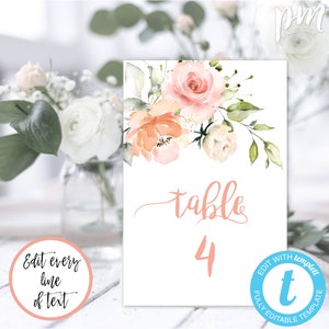 Pfirsich Blumen Hochzeit Tischnummer Vorlage, 4x6 + 5x7 druckbare Tischnummer Karte, Tischdekoration, Tischnummer Zeichen, Hochzeit Nummer Zeichen BAP4