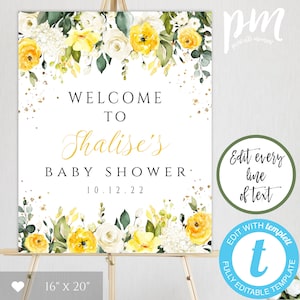 Plantilla de signo de bienvenida de baby shower floral amarillo, cartel de bienvenida de baby shower de bienvenida, descarga instantánea de signo de bienvenida de ducha editable BSYF