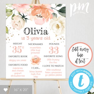 Peach Floral Birthday Milestone Sign Template, Personalized Birthday Sign, Editable Milestone Sign, DIY Milestone Poster Birthday Party BPPF
