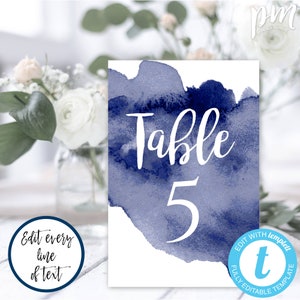 Navy Blue Watercolor Table Number Template for Wedding, Blue Table Number, Editable Card Number Template, Wedding Printable Template, WBNW