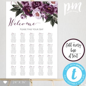 Plantilla de tabla de asientos floral púrpura, letrero de asientos de lavanda editable, tabla de asientos de quinceañera imprimible DIY, signo de tabla de asientos de boda PQ