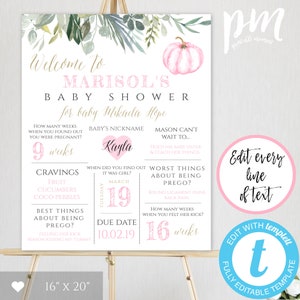 Plantilla de tablero de estadísticas de embarazo de calabaza rosa, cartel de recuerdo de embarazo, tablero de hitos del embarazo, regalo de embarazo, signo de baby shower, PPS