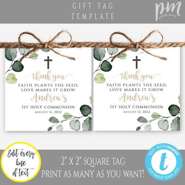 1st Communion Faith Plants the Seed Love Makes it Grow Favor Tag, Baptism Succulent Favor Tags, Editable Template, Cactus or Plant Tag, BAP8