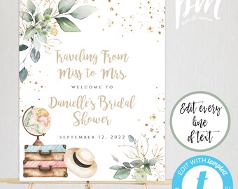 Greenery Traveling from Miss to Mrs Welcome Sign Template, Eucalyptus Bridal Shower, Printable Travel Shower Decor,Editable Suitcase Sign TG