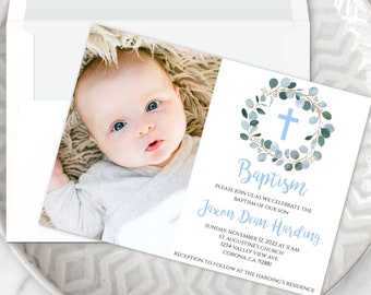 Boy Baptism Invitation with Photo, Greenery Baptism, Printable Baptism Template, Christening Invite, INSTANT DOWNLOAD, DIY Blue Cross, BAP2