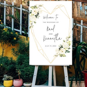 Gold Geometric Heart White Floral Welcome Sign Template, Editable Wedding Welcome Sign, Printable Welcome Wedding Poster, WG