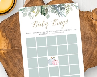 Gender Reveal Pink + Blue Pumpkin Baby Bingo Game Template, Pumpkin Baby Shower Printable, Editable Fall Shower Activity, Rustic Shower GRPS