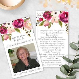 Spanish Personalized Prayer Card for Funeral, Pink Floral Custom Keepsake, Funeral Favor, Celebration of Life Remembrance Gift, DIY Espanol
