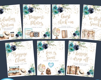 Traveling from Miss to Mrs Sign Template Set, Blue Floral Bridal Shower, Printable Travel Shower Decor, Editable Suitcase Signs, TB
