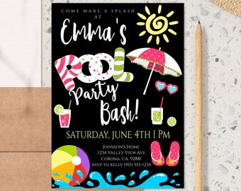 May include: Black pool party invitation with the text "Emma's Pool Party Bash!" and event details. The design includes a sun, umbrella, sunglasses, drinks, beach ball, and water splash graphics.