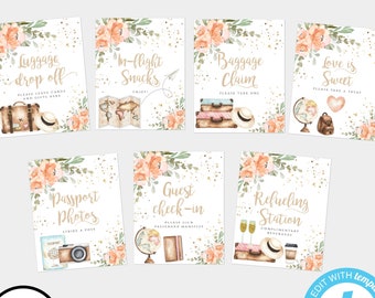 Traveling from Miss to Mrs Sign Template Set, Peach Floral Bridal Shower, Printable Travel Shower Decor, Editable Suitcase Signs, TBSH