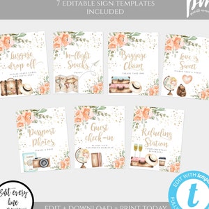 Traveling from Miss to Mrs Sign Template Set, Peach Floral Bridal Shower, Printable Travel Shower Decor, Editable Suitcase Signs, TBSH
