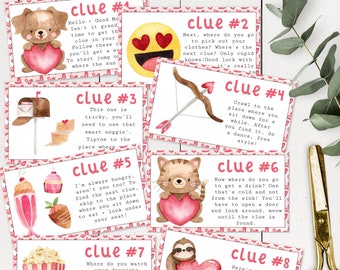 May include: A set of eight pink and white Valentine's Day scavenger hunt clue cards with cute animal illustrations. Each card has a different clue number and a fun rhyme to help find the next clue.