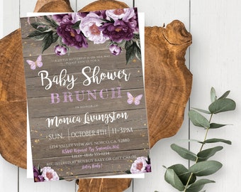 Butterfly Baby Shower Brunch Invitation Template, DIY Editable Rustic Purple Floral Watercolor Invite, Pink + Purple Printable for Girl, BBS