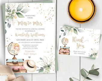 Greenery Traveling from Miss to Mrs Invitation Template, Eucalyptus Bridal Shower, Printable Travel Shower, Editable Suitcase Invite, TG