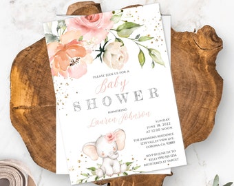 Puede incluir: Una invitación a una fiesta de bienvenida al bebé con un diseño floral de acuarela y una linda ilustración de elefante. La invitación es para Lauren Johnson e incluye la fecha, la hora y el lugar de la fiesta. También se incluye información de RSVP.
