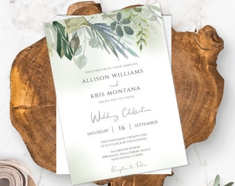 Greenery Wedding Invitation Template, DIY Printable Invitation, Wedding Template, Editable Invitation, Botanical Wedding, Affordable, WBGB