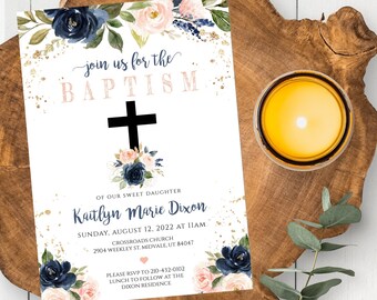 Printable Baptism Invitation Template, Floral Baptism Invite, Girl Baptism, Christening Invitation, Editable Template, Instant Download