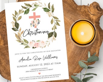 Editable Pink Christening Invitation Template for Girl, Greenery Baptism Invite, Printable Blush Floral Baptism Invitation, Instant Download