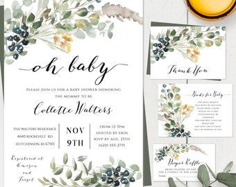 Boho Baby Shower Invite Template Bundle, Greenery Baby Shower Invite, Eucalyptus Baby Shower, Neutral Baby Shower Spring Baby Shower Oh Baby