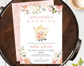 Sweet Twin Girls Are Brewing Invitation Template Twins Baby Shower Invite Babies Are Brewing Girl Baby Shower Editable Watercolor Invitation