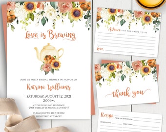 Fall Bridal Shower Invitation Template Set with Recipe Card + Advice for the Bride and Thank You Card Editable Fall Bridal Shower Autumn SBS