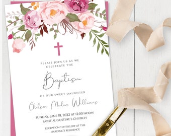 Baptism Invitation Girl, Pink Floral Baptism Invitation Template Girl Baptism Invite Printable Baby Girl Baptism Editable Christening Invite