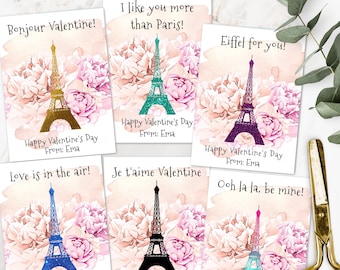 Paris Valentines Day Card Template, Eiffel Tower Valentines Cards for Kids Classroom, Editable Valentine Template DIY Personalized Valentine