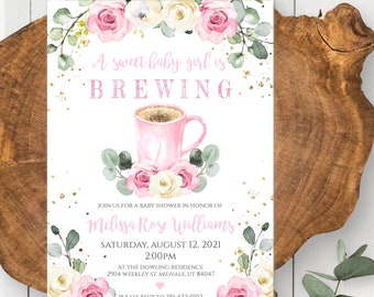 A Baby Girl is Brewing Invitation Template, Coffee Brewing Invite, Pink Watercolor Flowers Baby Shower Invite, DIY Editable Printable, PMB