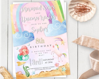 Mermaid Kisses + Unicorn Wishes Birthday Invitation Template, Unicorn Mermaid Birthday Party Invite, Magical Day Is On The Way, Rainbow