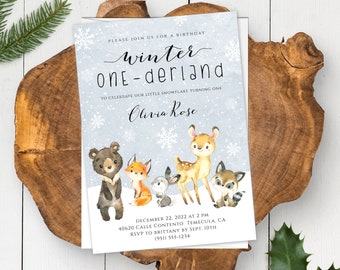 Woodland Animal Winter One-derland First Birthday Invitation Template, Editable Snowflake 1st Birthday Invite, Gender Neutral Birthday