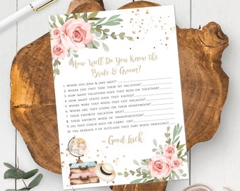 Traveling From Miss to Mrs How Well Do You Know The Bride and Groom Game Template, Editable Pink Floral Bridal Shower Game, Suitcase, TBSP