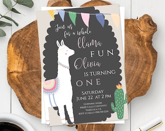Llama Birthday Invitation Template, First Birthday Invite, DIY Editable Girl Birthday Invitation, Printable Fiesta Birthday Invite, BPL